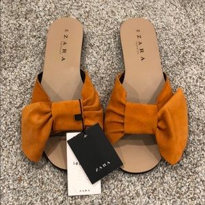 Zara leather bow slide sandals